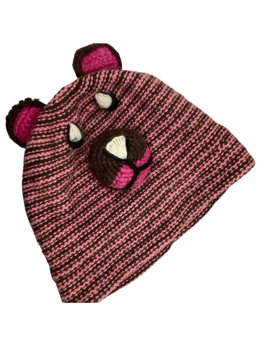 Handmade Pink & Brown 3D Bear Fleece Lined Knit Beanie Adult OS Novelty Kawaii